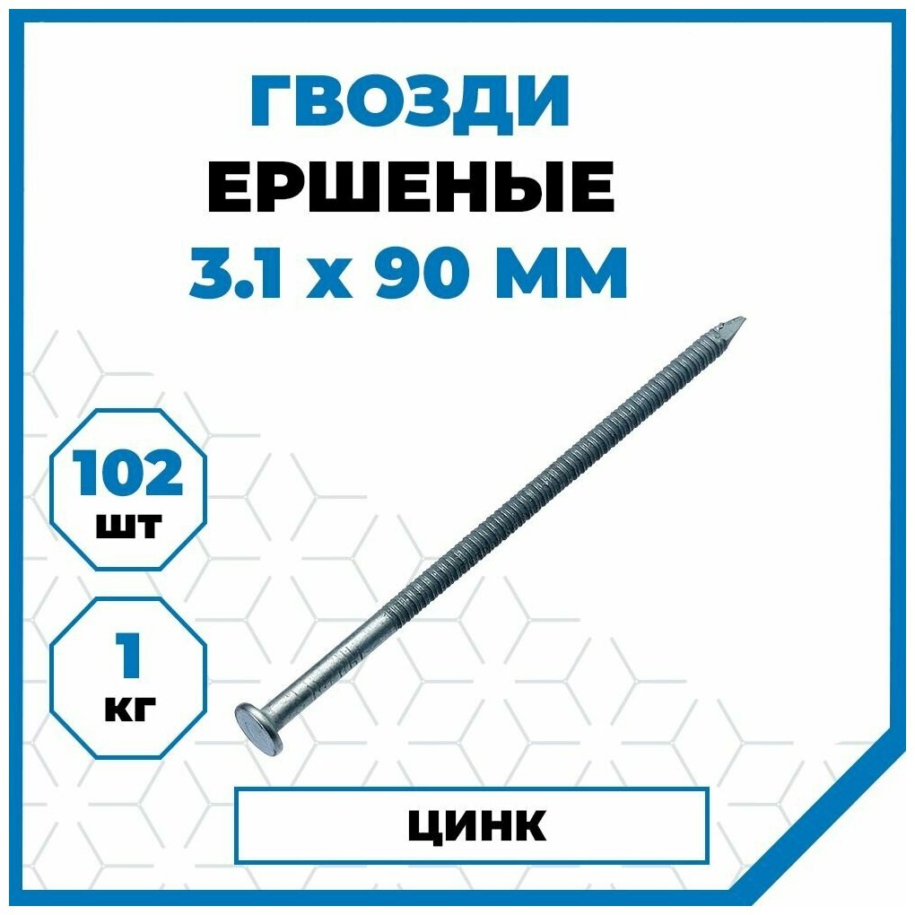 Гвозди Стройметиз ершеные 3.1х90, сталь, покрытие - цинк, 1 кг (102 шт.)