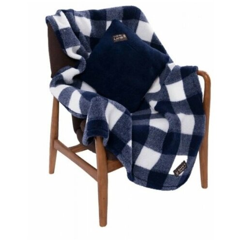 Плед из овечьей шерсти 100х140 синий клетка + подушка 40х40