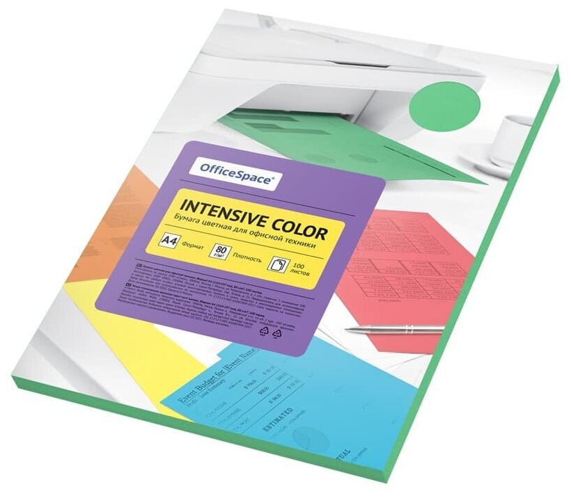 Бумага цветная OfficeSpace "Intensive Color", А4, 80г/м², 100л, (зеленый) IC_38228