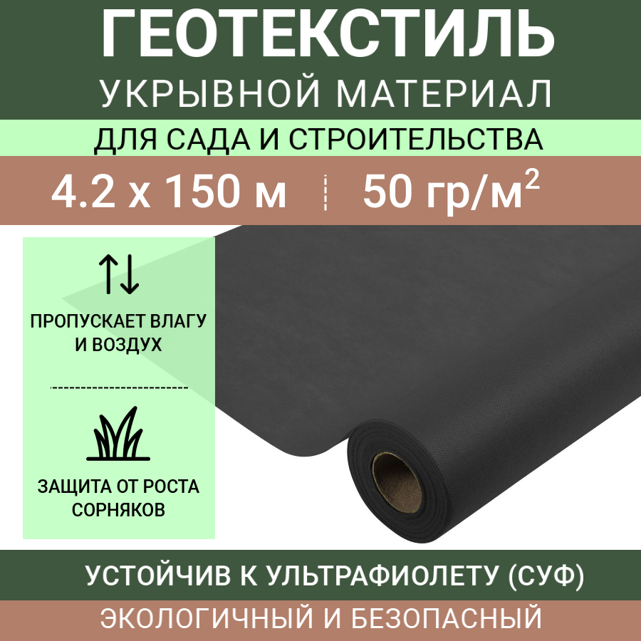 Черный укрывной нетканый материал Спанбонд СУФ 60 г/м2 в рулоне 4.2х150 м (сложен пополам)