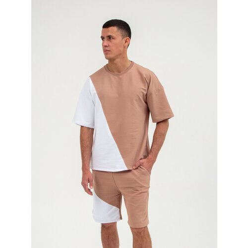 Костюм спортивный Jools Fashion мужской спортивный летний для занятия спортом, шорты майка, размер 52, белый, коричневый