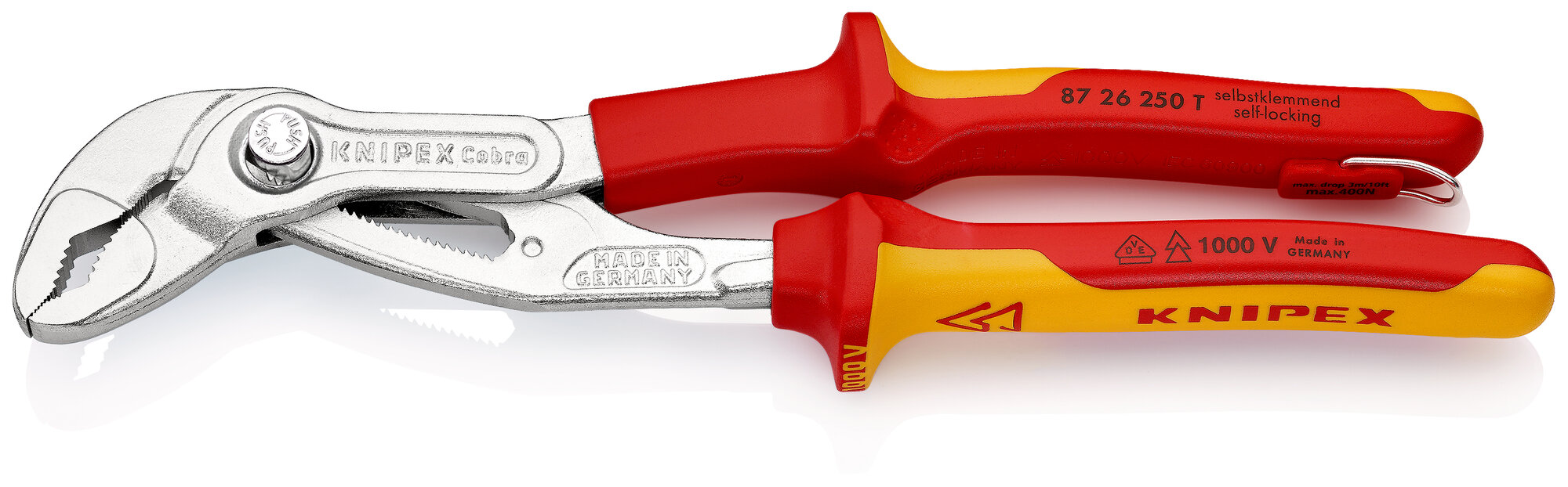 Клещи переставные KNIPEX COBRA VDE, зев 50 мм, 250 мм, хром, 2-комп диэлектрические ручки, проушина KN-8726250T