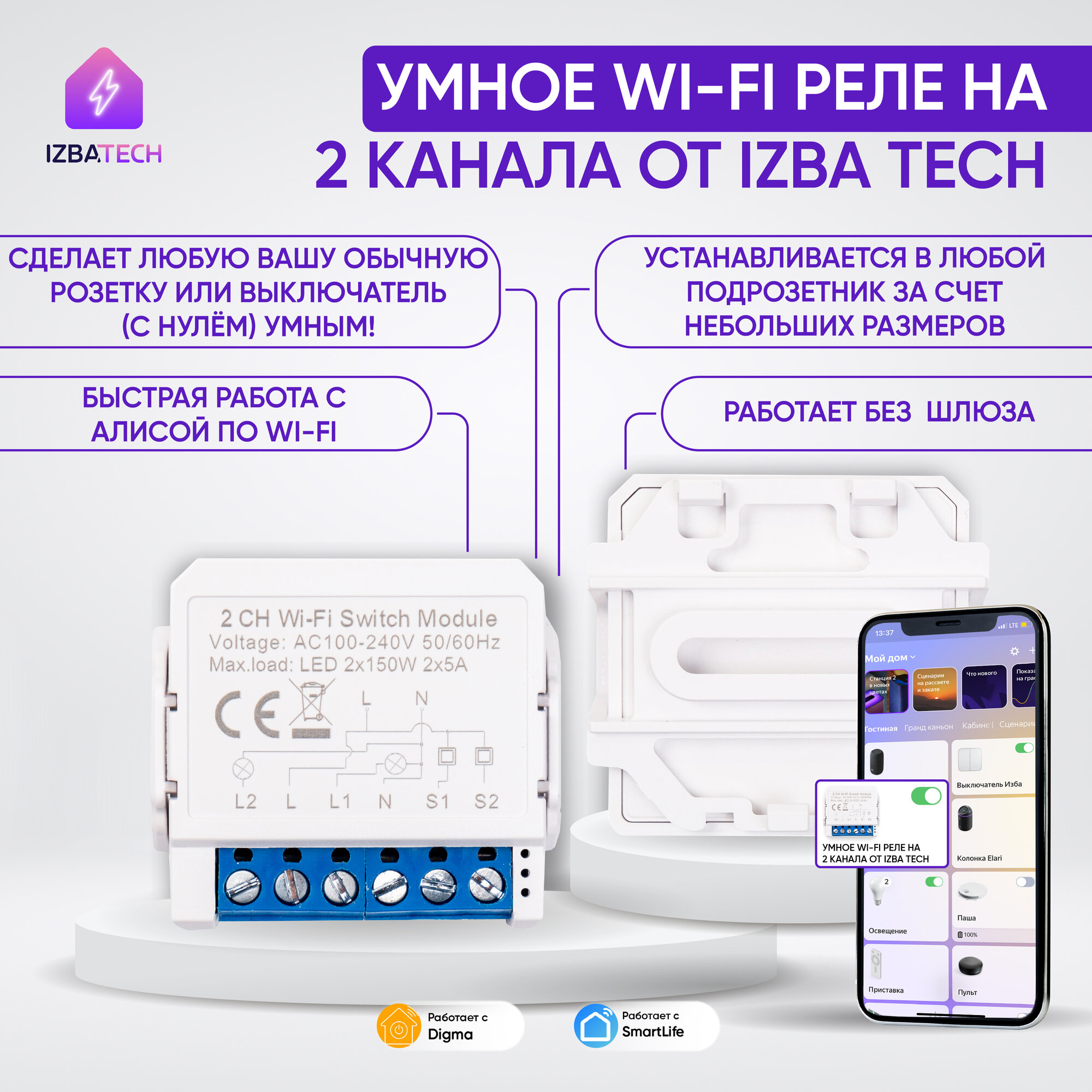 фото Новое Умное реле на 2 канала для Алисы 10А Tuya Wi-Fi Mini