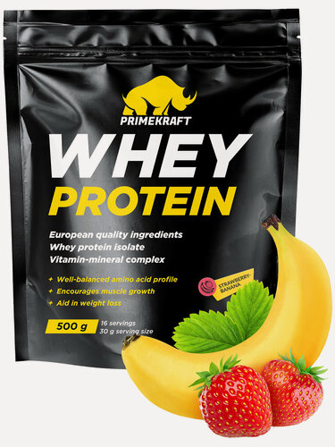 Изображение товара Протеин Prime Kraft "Whey Protein", клубника-банан, для спортсменов, 500 г
