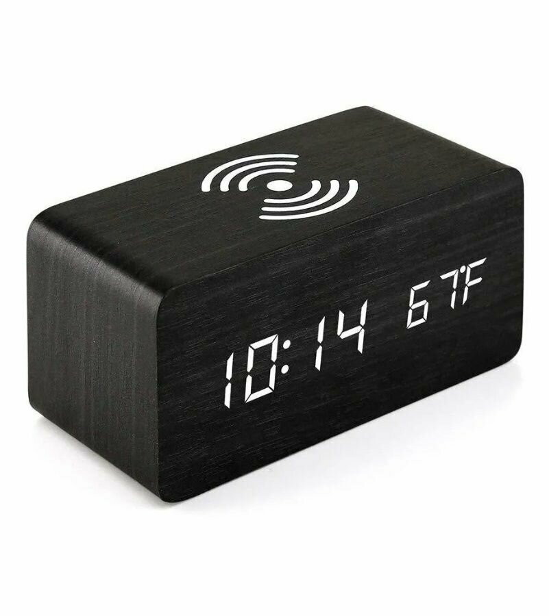Часы будильник электронные настольные с беспроводной зарядкой для смартфона черный