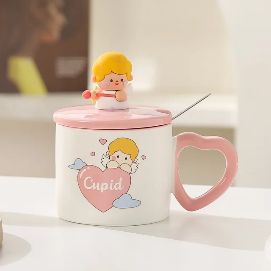 Кружка керамическая, с крышкой и ложкой, 350 мл, в стиле Kawaii, подарочная — фото 1