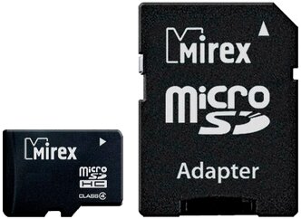Карта памяти Mirex microSDHC Class 4 + SD adapter 4 GB, чтение: 12 MB/s, запись: 5 MB/s, адаптер на SD
