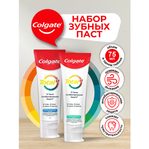 Набор зубных паст Colgate TOTAL Профессиональная Чистка 75 мл. + Профессиональная Чистка гель 75 мл. набор зубной пасты colgate total глубокое очищение профессиональная чистка отбеливающая по 75мл