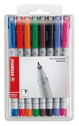 Набор маркерных ручек маркерная ручка STABILO OHPen UNIVERSAL 0,4мм, 8 шт/уп, цвет чернил: оранжевый, синий, черный, красный, зеленый, коричневый, фиолетовый, сиреневый, растворимые чернила