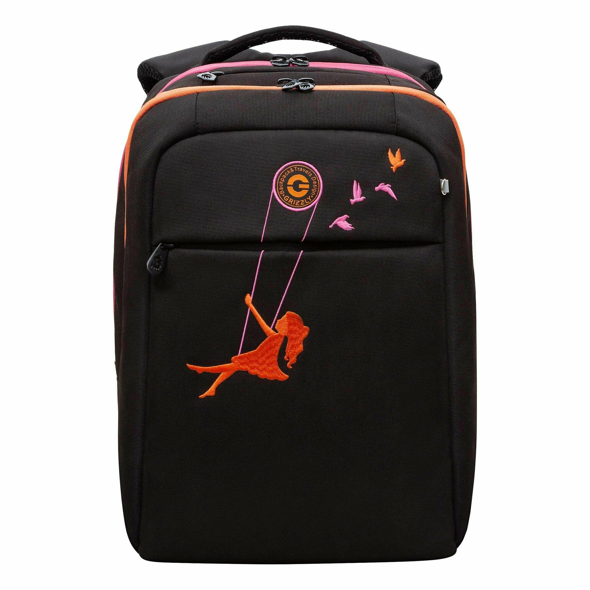 Рюкзак школьный для девочки подростка, с ортопедической спинкой, для средней школы, GRIZZLY (черный - оранжевый)