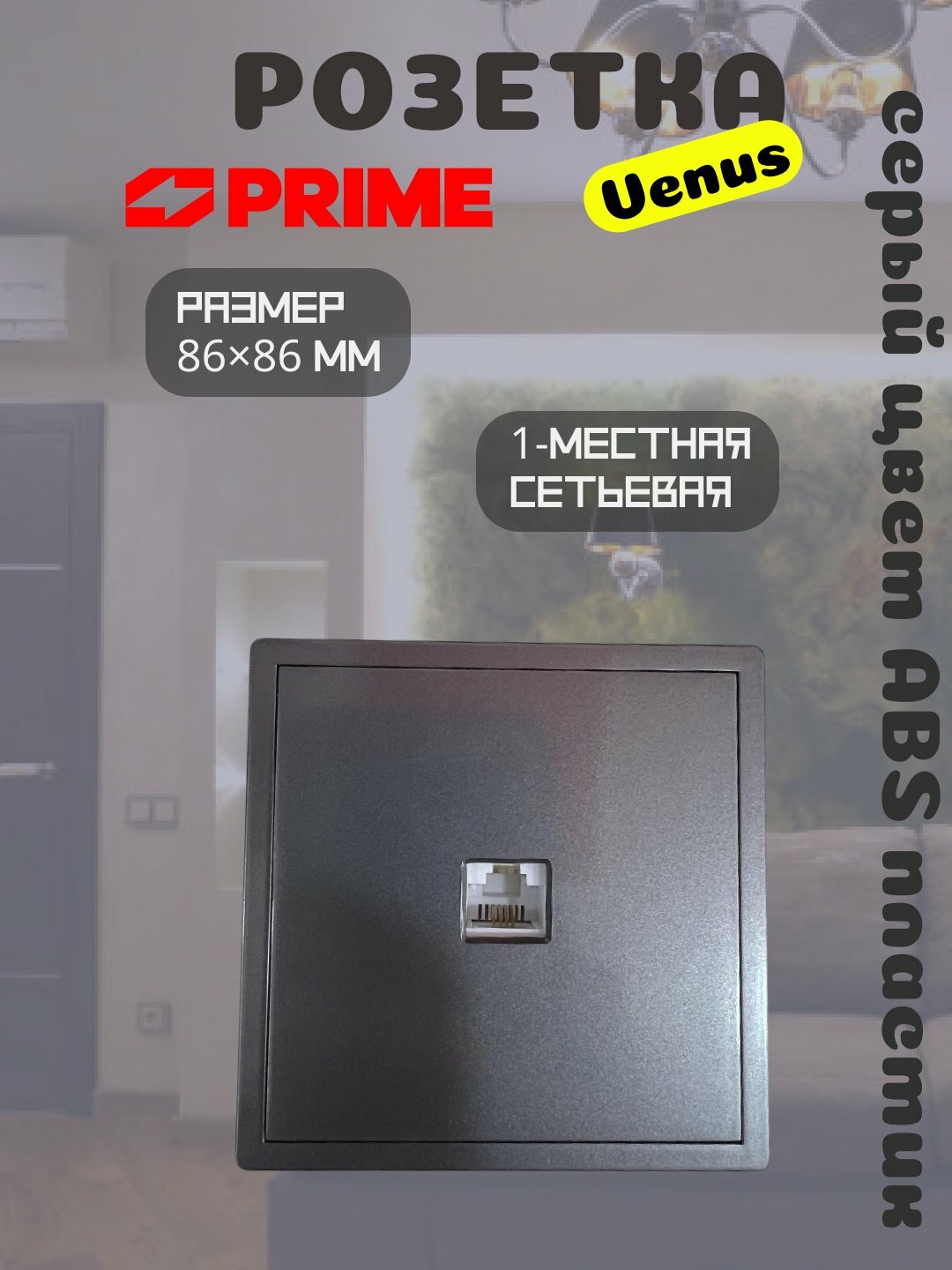 Розетка сетевая Venus PRIME, 1-местная, серый цвет, для интернет кабеля