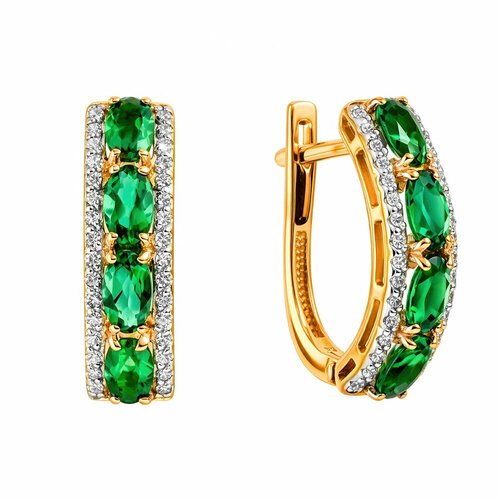 фото Серьги 585gold, красное золото, 585 проба, родирование, бриллиант, изумруд синтетический, , зеленый