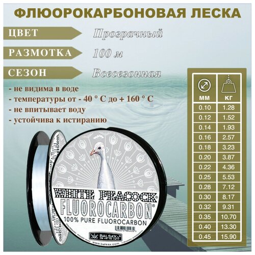 рыболовная леска balsax леска balsax white peacock fluorocarbon 30м 0 18 Леска BALSAX White Peacock флюорокарбон 0.20 100м