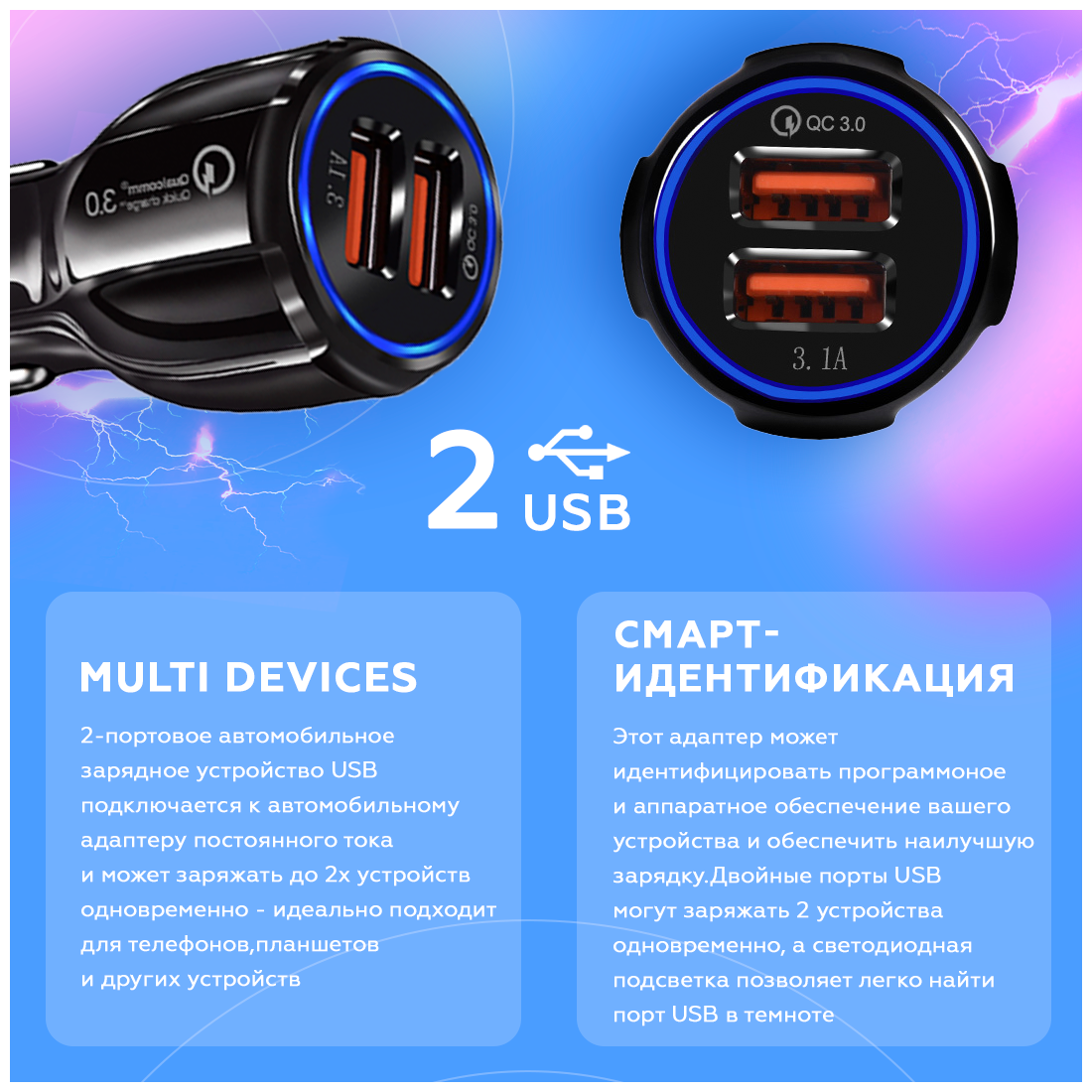 Автомобильное зарядное устройство с быстрой зарядкой USB