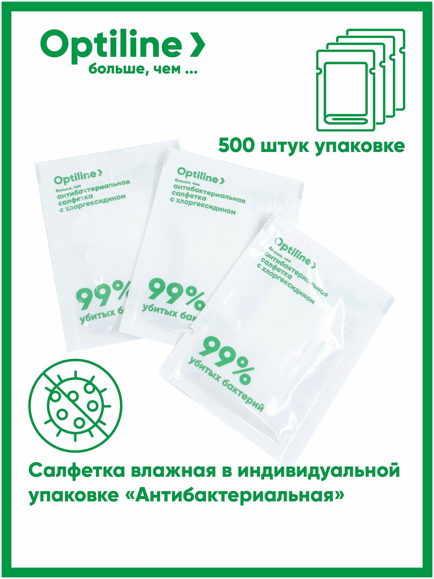 Антибактериальные влажные салфетки в индивидуальной упаковке Optiline 500шт в коробке