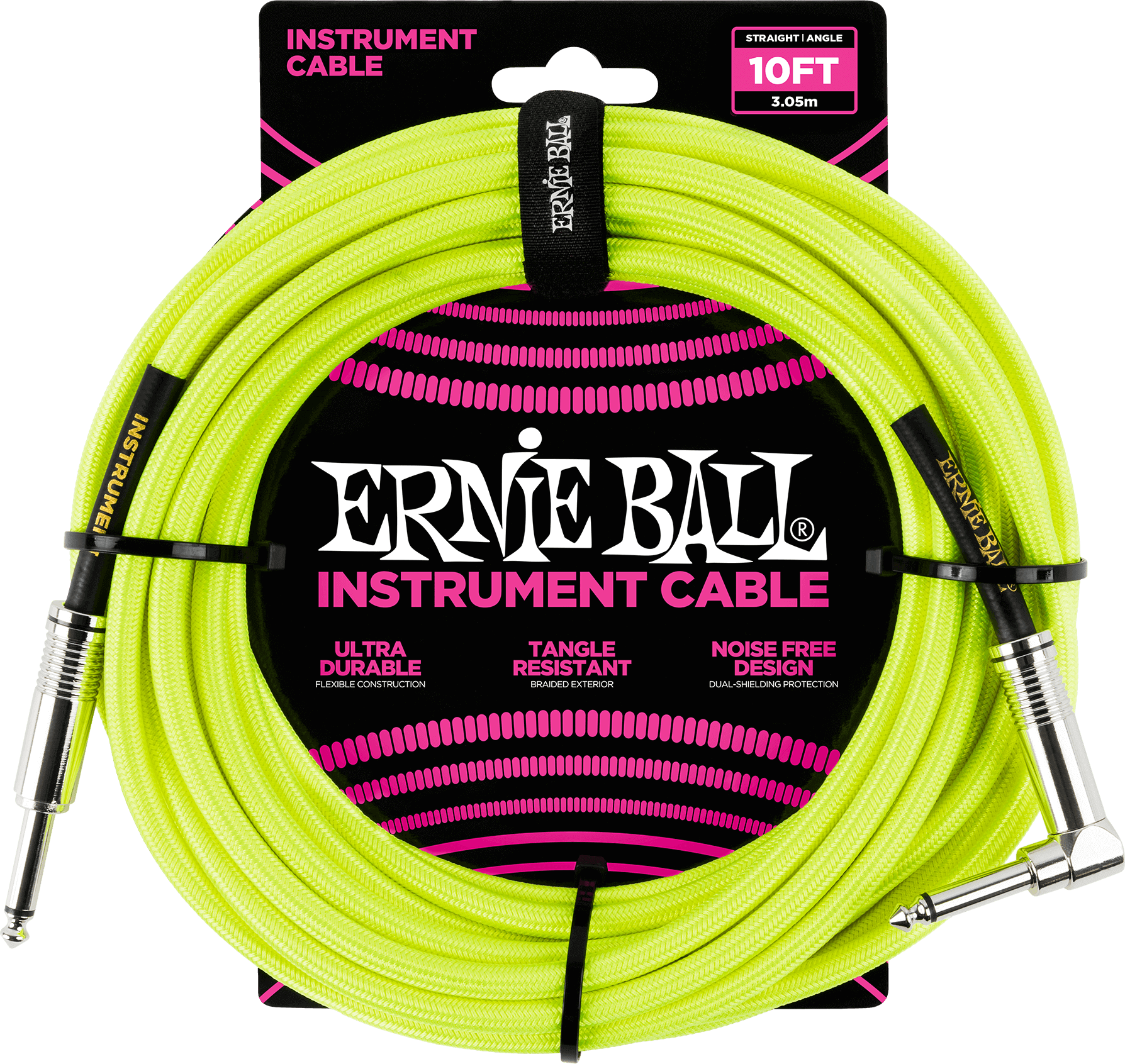 Инструментальный кабель Ernie Ball 6080 3м Braided Neon Yellow, провод для музыкальных инструментов, прямой и угловой коннекторы джек джек