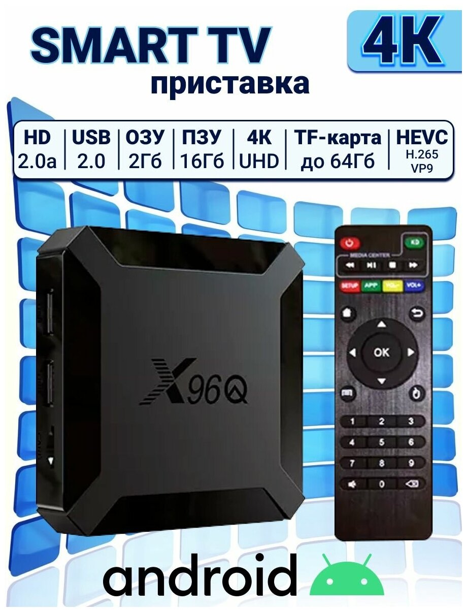 Смарт ТВ приставка, X96q Андроид 10, 2/16 Гб 4К tv box