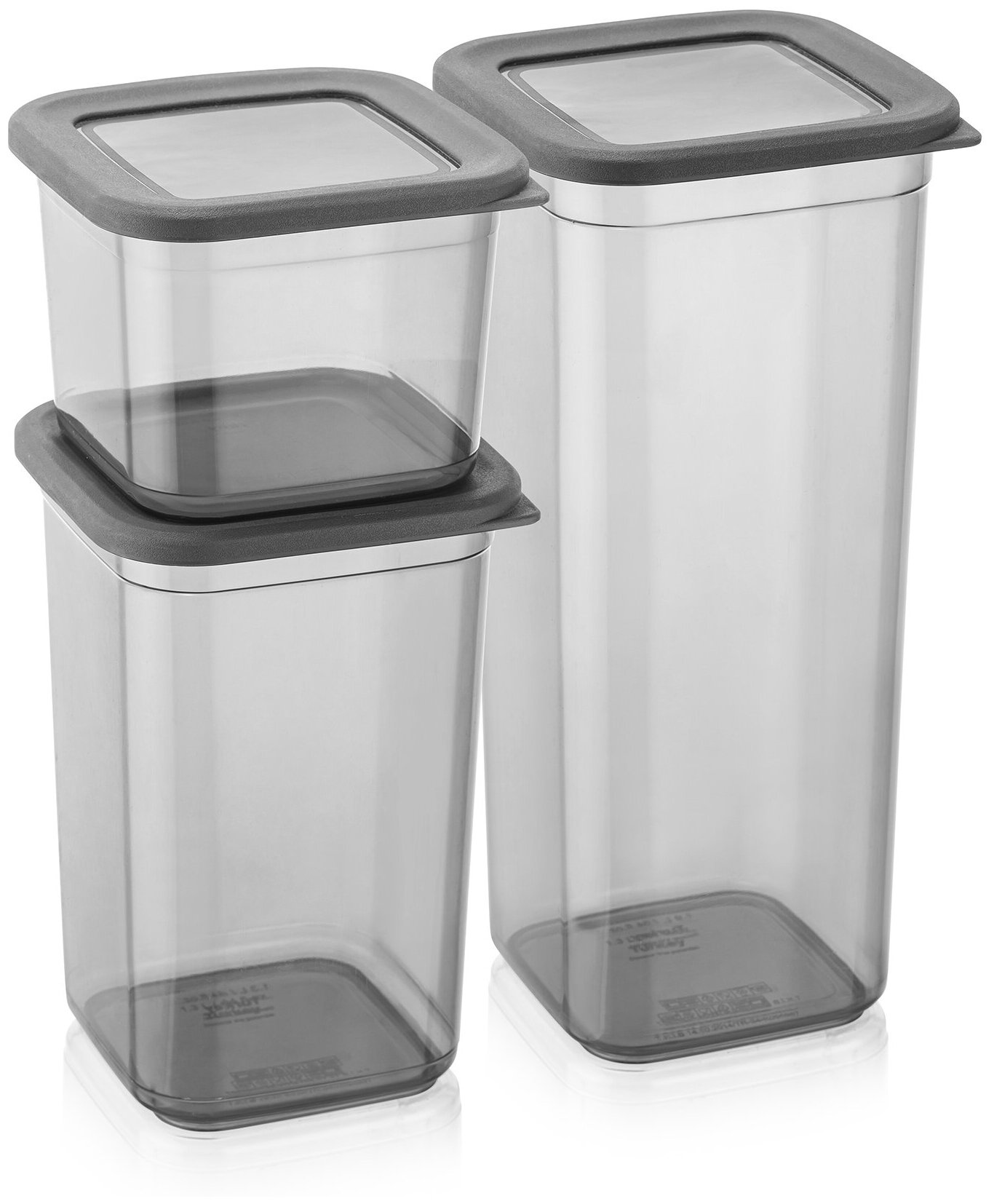 Набор из трех контейнеров разного размера: 0,65л (8,5х8,5см), 1,3л (16,5х8,5см), 1,9л (24х8,5см)Материал: прозрачный черный пластик