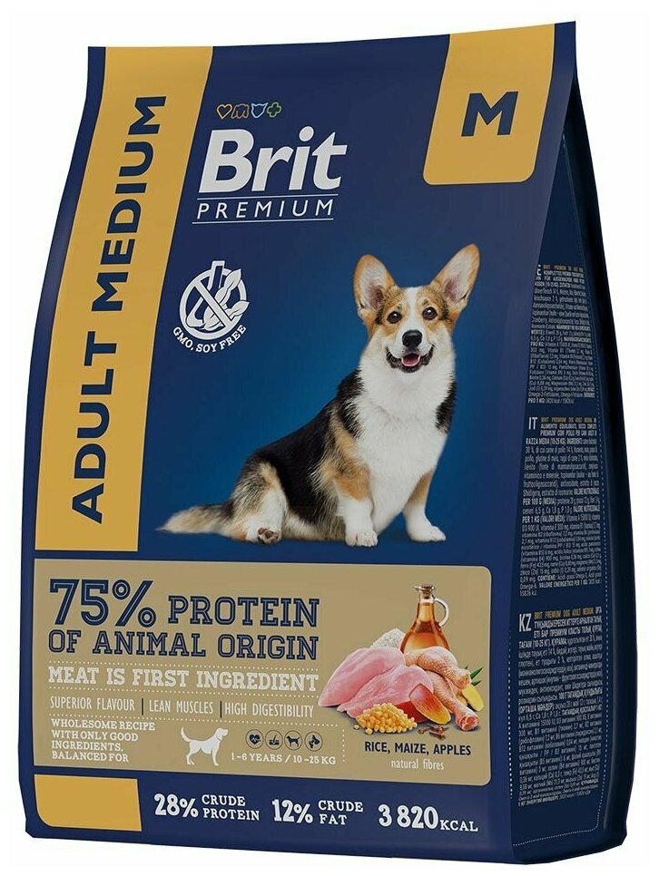 BRIT PREMIUM Сухой корм с курицей для собак средних пород 10 25кг "Dog Adult Medium", 1 кг