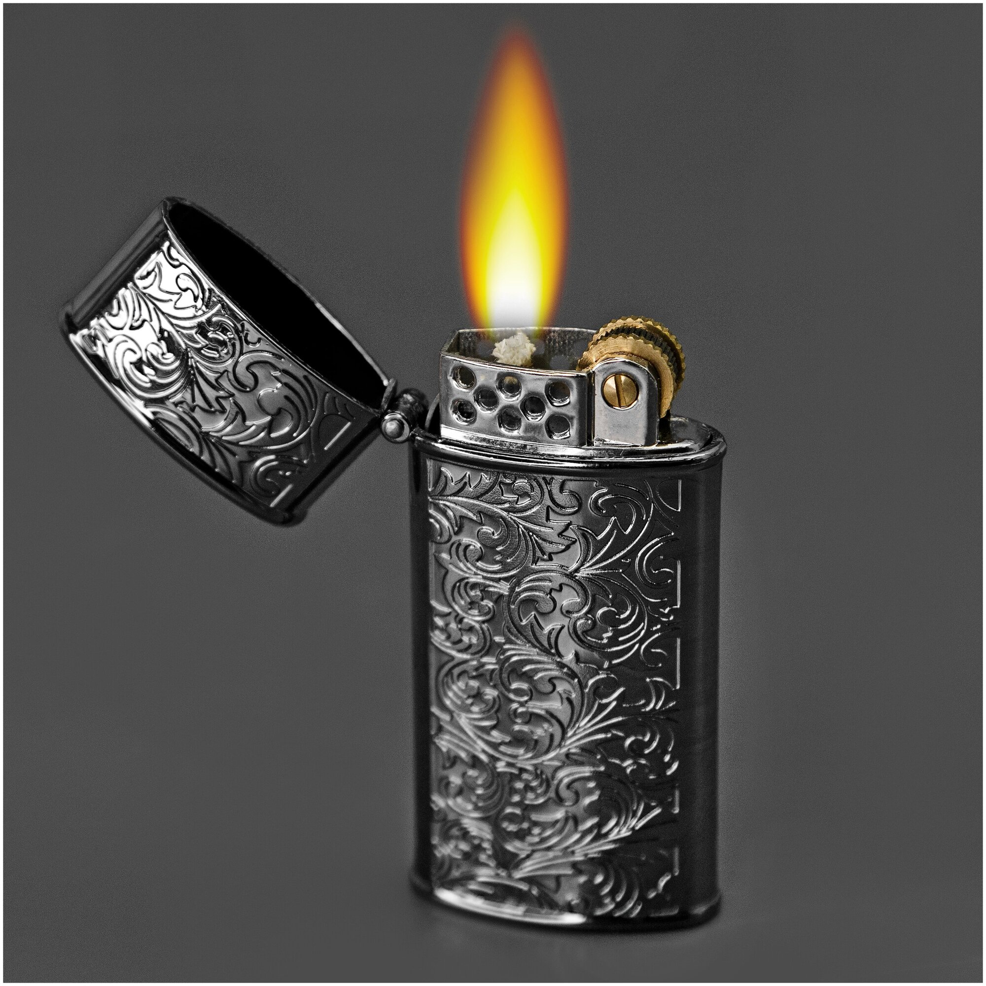 Бензиновая винтажная ретро зажигалка с орнаментом акант (серебро) + кремний фитиль в наборе - фотография № 2