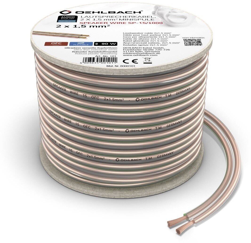 Кабель акустический на катушке Oehlbach 105 Performance Speaker Wire SP-15 Transparent 20.0m, катушка