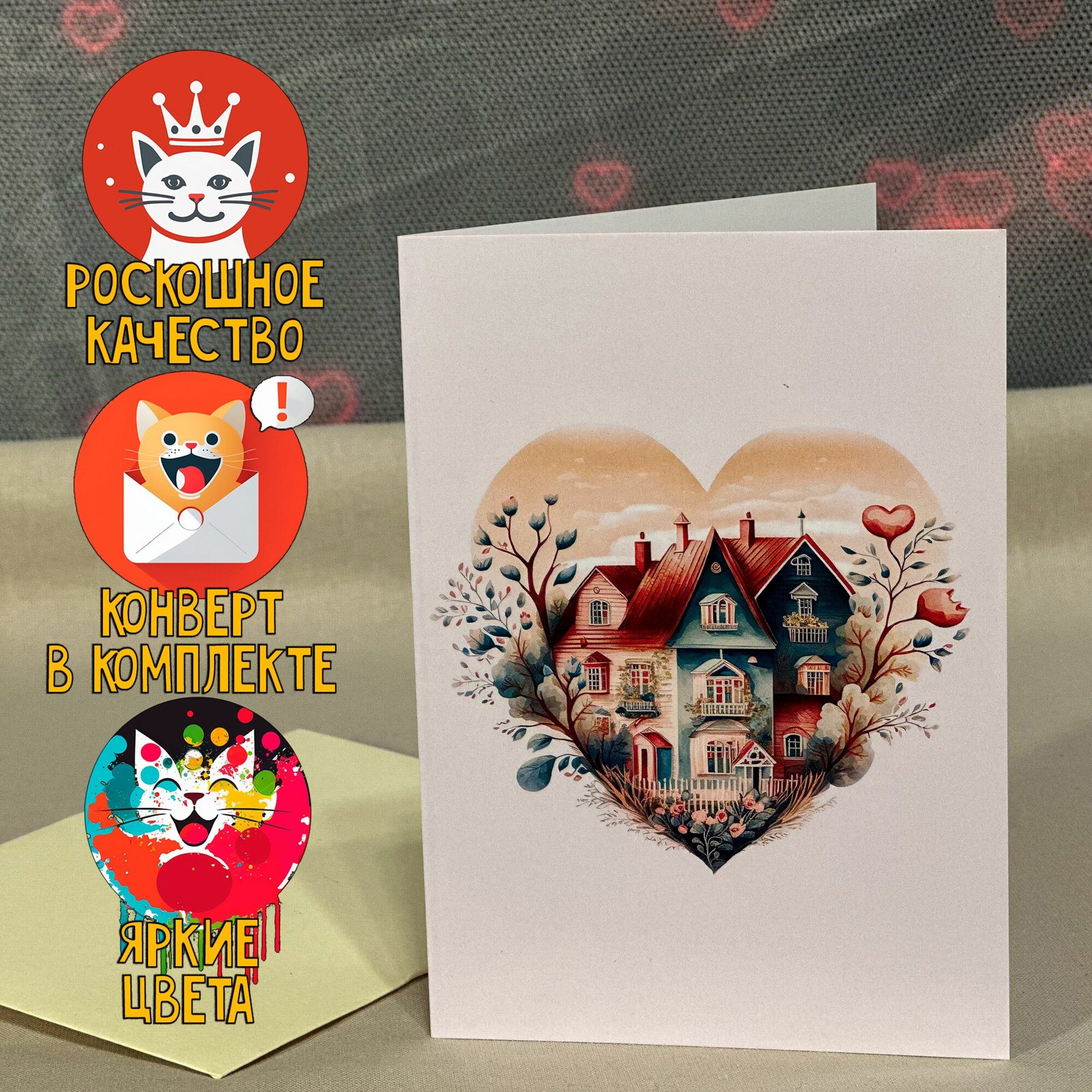 "Дом любви", открытка 10x15 складная подарочная без надписей, с конвертом, уютная валентинка в подарок любимому человеку