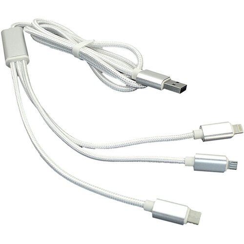 Кабель для зарядки USB (3-в-1) ( Apple Lightning 8Pin, USB Type-C, USB-Micro) шнурок. 1m. Белый кабель для зарядки usb 3 в 1 apple lightning 8pin usb type c usb micro шнурок 1m серый