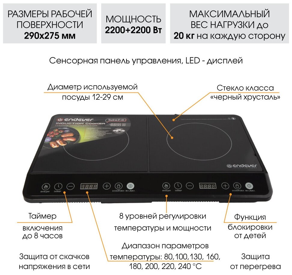 Плитка электрическая ENDEVER Skyline IP-44, черный, индукционная - фотография № 2