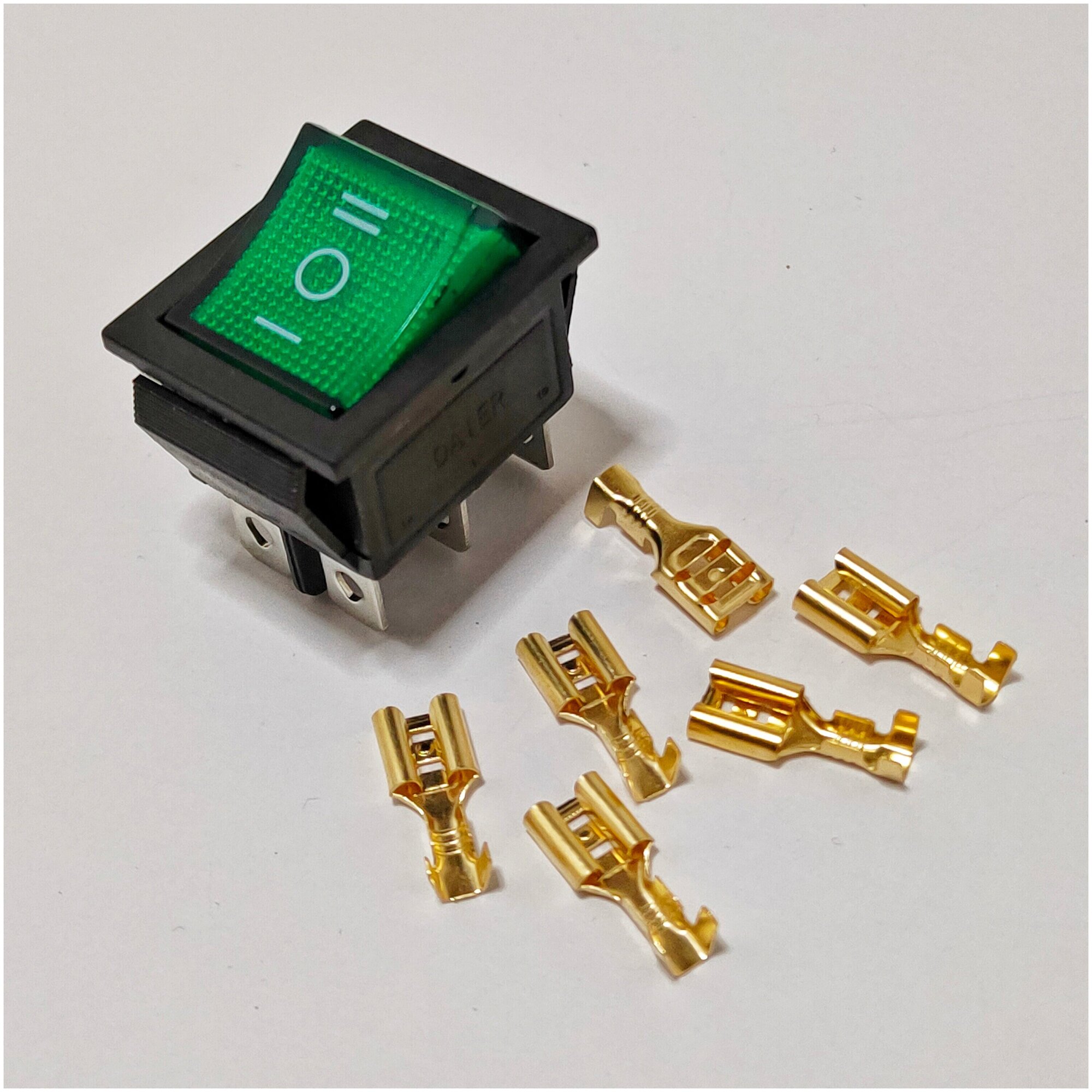 Выключатель клавишный С нейтралью подсветка 250V 15А (6с) ON-OFF-ON зеленый (комплект с клеммами и термоусадкой) — фото 1