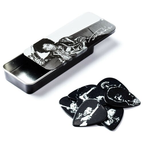 Сувенирный набор медиаторов в пенале, жест,12шт Dunlop Jimi Hendrix Silver Portrait JHPT05H Pick Tin