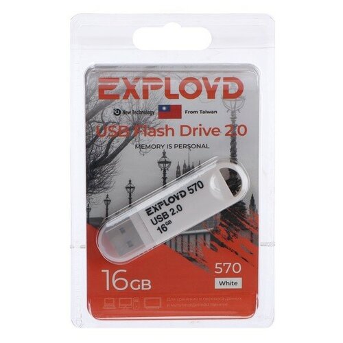 Флешка Eхployd 570, 16 Гб, USB2.0, чт до 15 Мб/с, зап до 8 Мб/с, белая