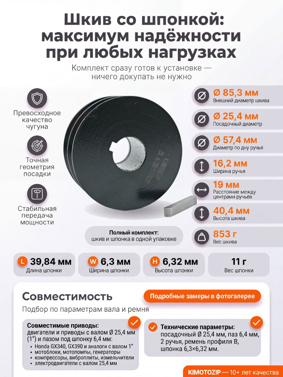 Шкив чугунный со шпонкой, 2 ручья, посадка 25,4 мм, наружный диаметр 85 мм, тип ремня B