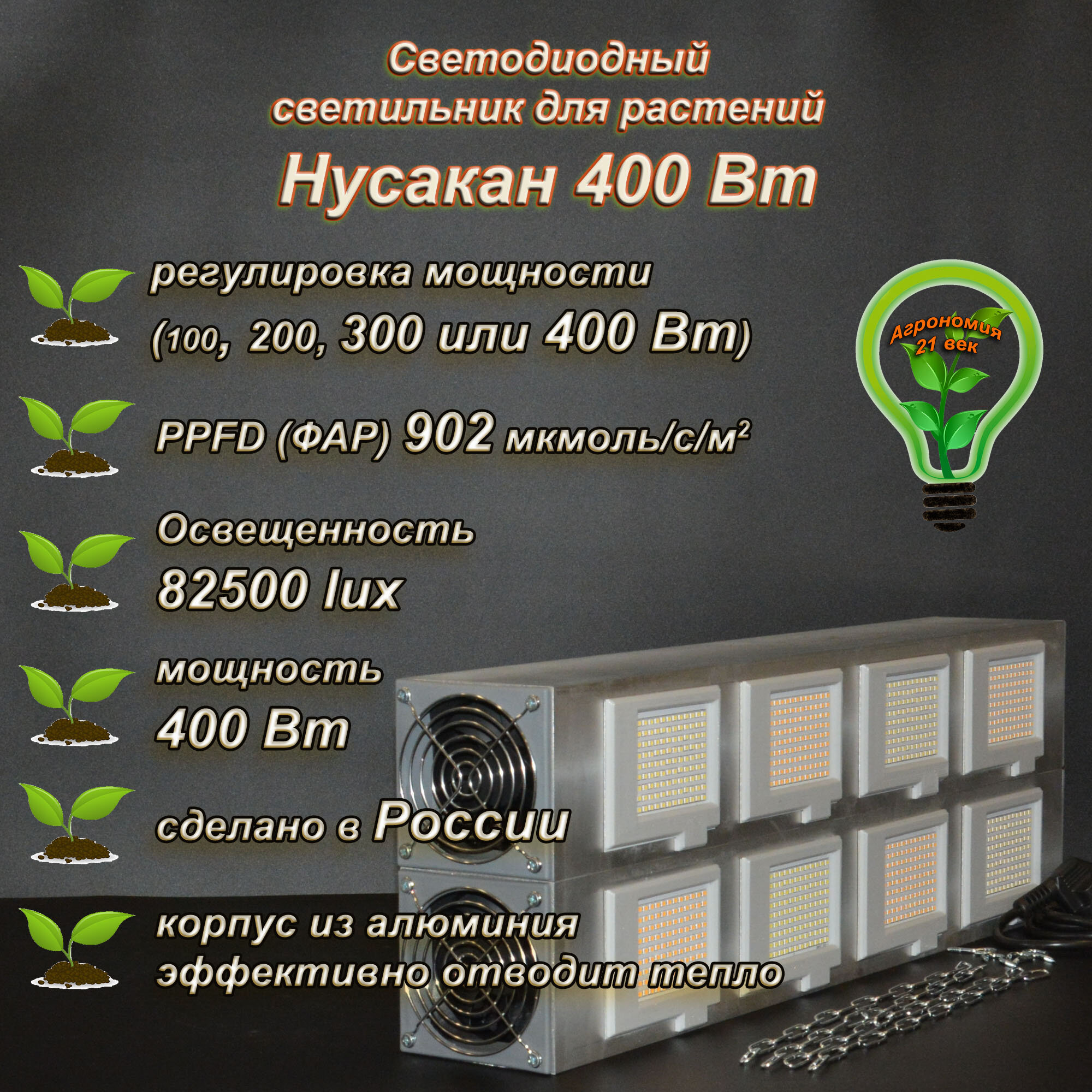 400Вт Мультиспектральный фитосветильник для растений полного спектра "Нусакан" /Samsung 281b фитолампа квантум борд 100Вт 200ВТ 300 или 400Bт
