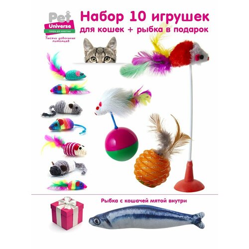 Набор игрушек для кошек Pet Universe, 10 штук, мышки, рыбка и дразнилки /PU4020