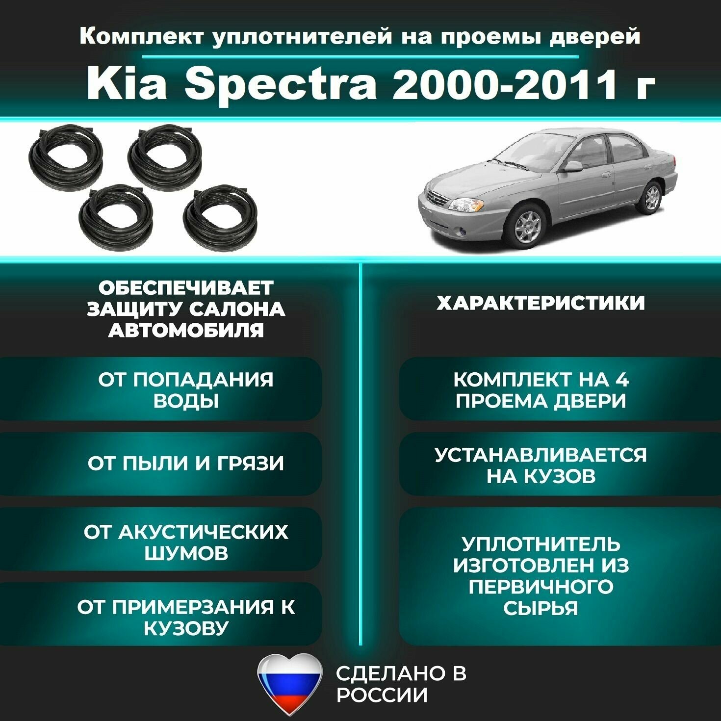 Комплект уплотнителей проемов дверей для Kia Spectra 2000-2011 г, Кия Спектра (на 4 дверных проема - 2 передних и 2 задних)