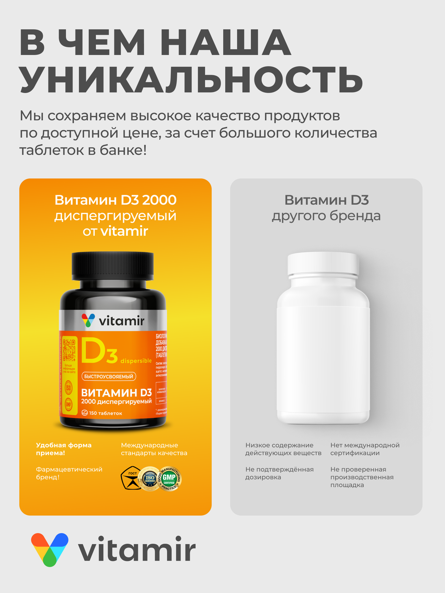 Изображение Витамин Д3 2000 VITAMIR PRO / Витамины для иммунитета для взрослых / 150 таблеток