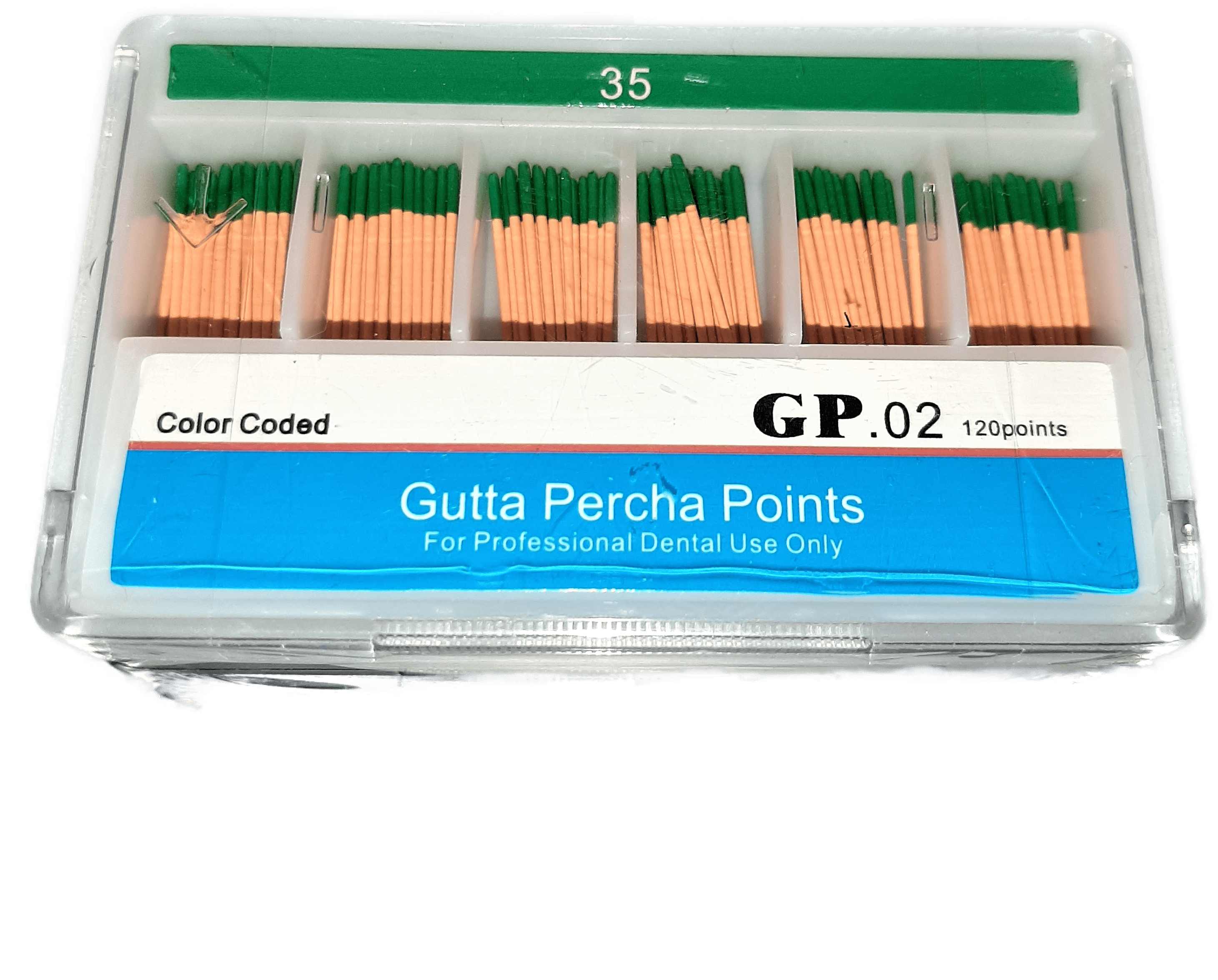 Штифты гуттаперчевые эндоканальные Gutta Percha Points (HAND ROLLED), конусность 02, размер 35,120 штук в упаковке.