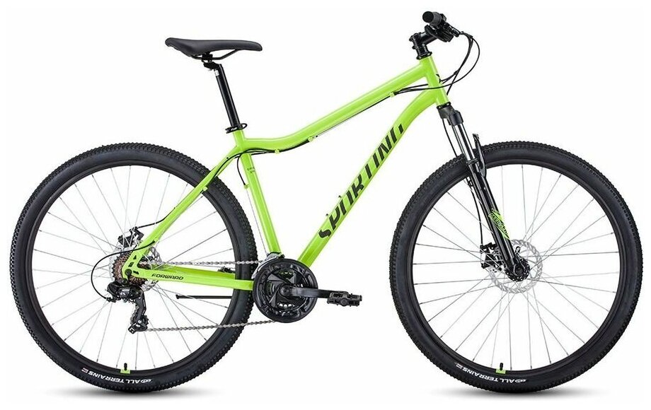 Велосипед FORWARD Sporting 29 2.0 D (2022), горный (взрослый), рама 21", колеса 29", ярко-зеленый/черный, 15.7кг [rbk22fw29943]