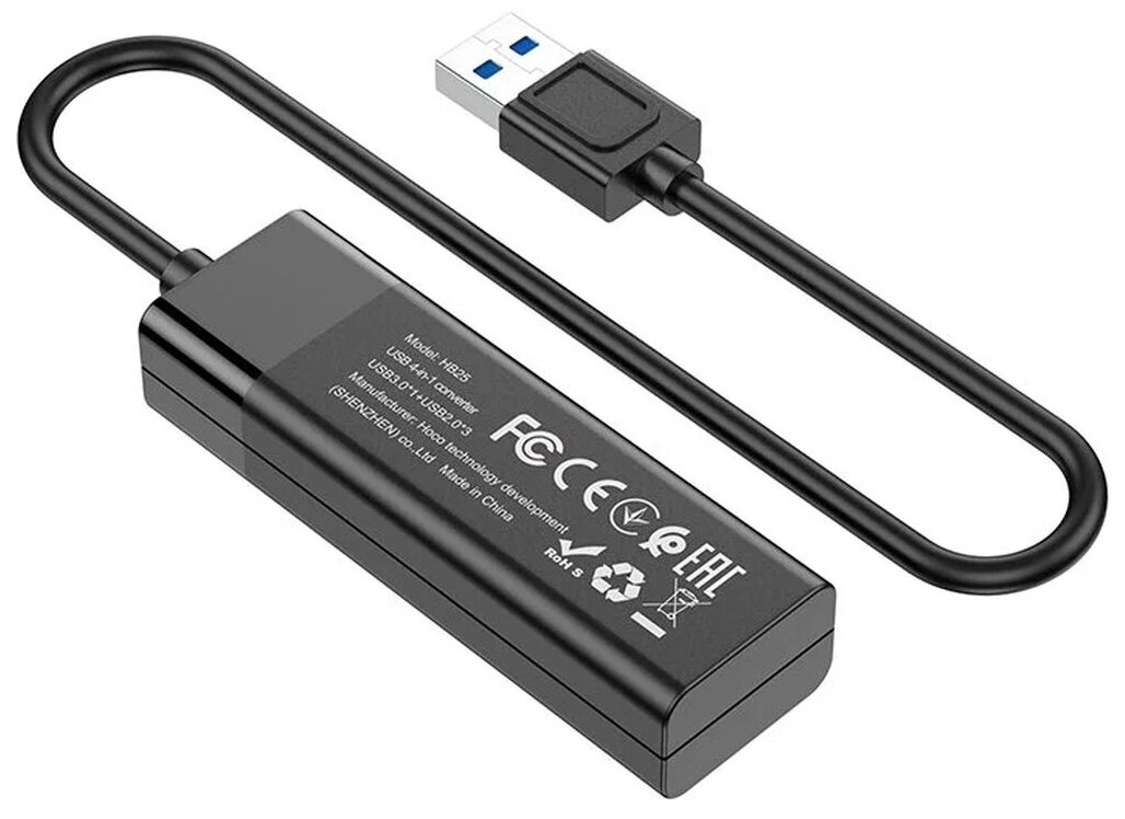 USB Хаб (HB25) c 1 USB на 1 USB 30 + 3 USB 20 HOCO черный