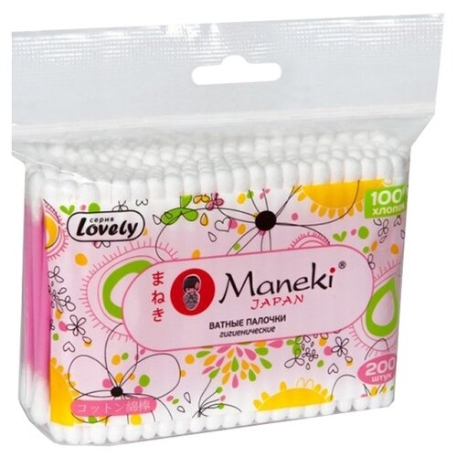 Ватные палочки Maneki Lovely с розовым пластиковым стиком (CB920), белый, 200 шт., 4 уп., пакет