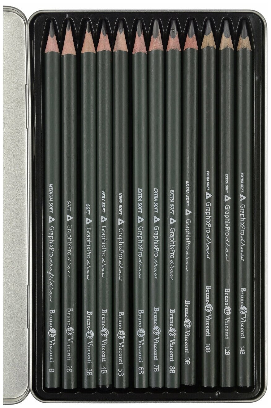 Набор простых чернографитных карандашей BrunoVisconti "Sketch&Art" 12 штук в металлической коробке