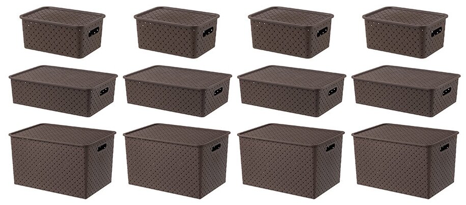 Корзинка / коробка для хранения с крышкой 12шт Береста 3 л(4шт), 7,5 л(4шт), 14 л(4шт) EL Casa, цвет темно-коричневый, набор - фотография № 3