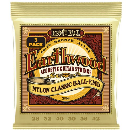 Струны ERNIE BALL 3069 Earthwood 80/20 Folk Nylon 3 Pack 28-42 для классической гитары