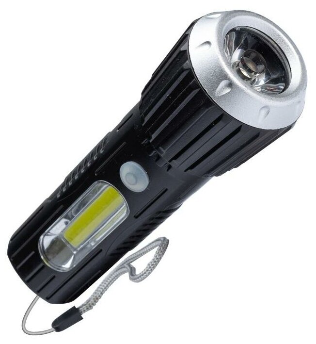 фото Фонарь аккумуляторный ручной LED 1Вт + COB 2Вт коллим линза аккум. Li-ion 18650 1А. ч USB-шнур ABS-пластик космос KOS114Lit