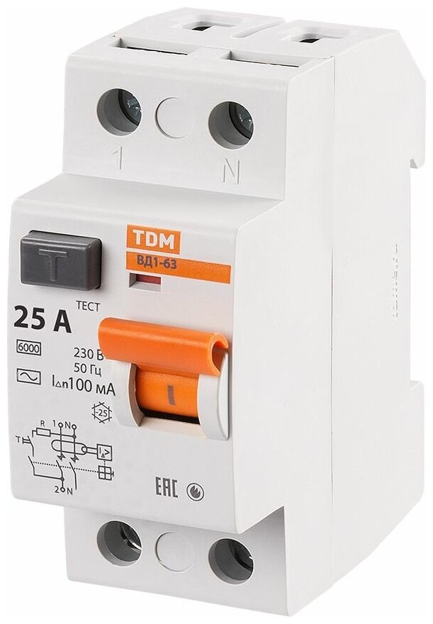 УЗО TDM Electric ВД1-63 2Р 25 А 100 мА 4.5 кА AC SQ0203-0005