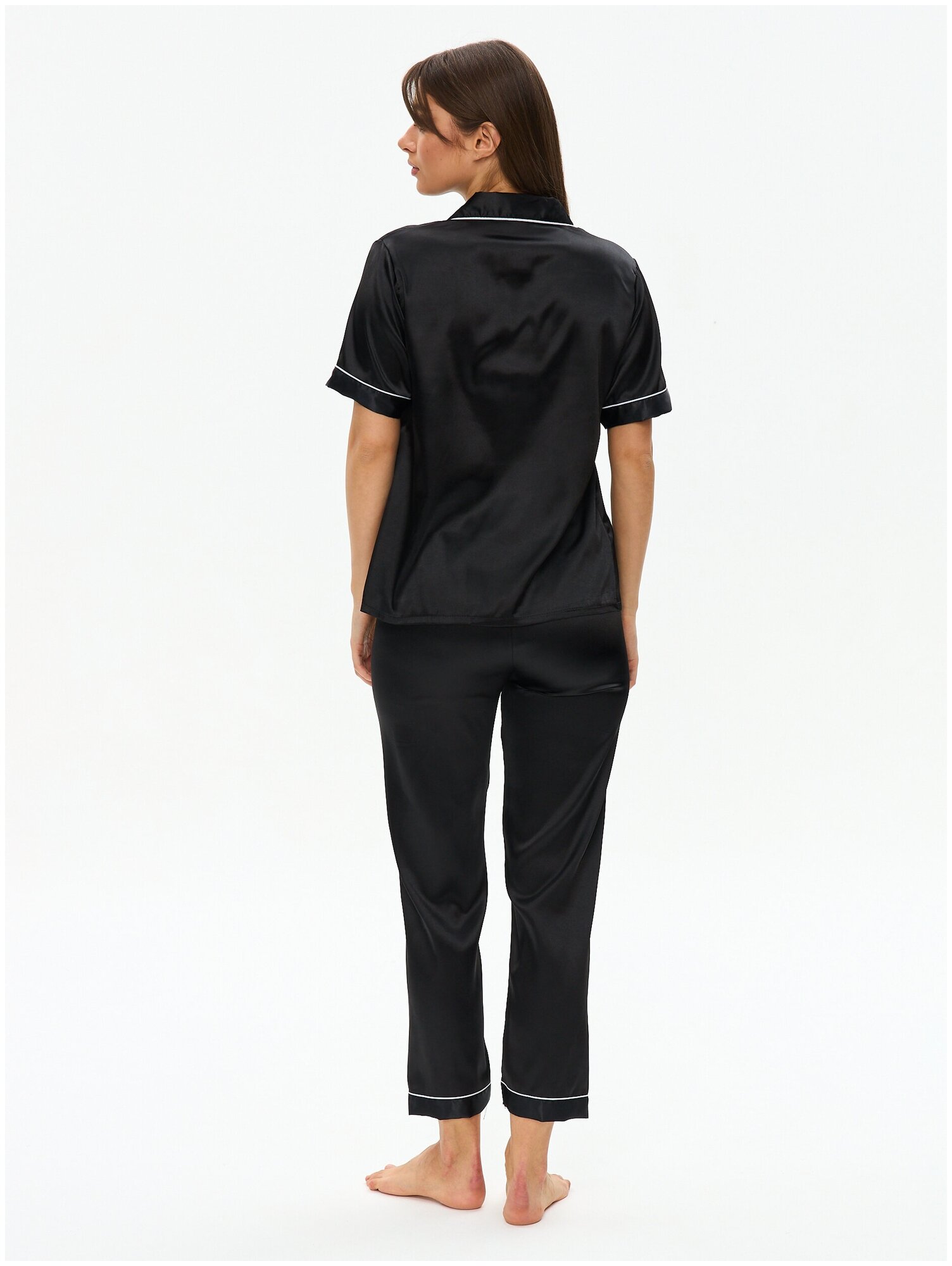 Пижама женская с брюками и рубашкой для сна, шелковая , атласная , домашняя одежда черная 44/ L размер - фотография № 11