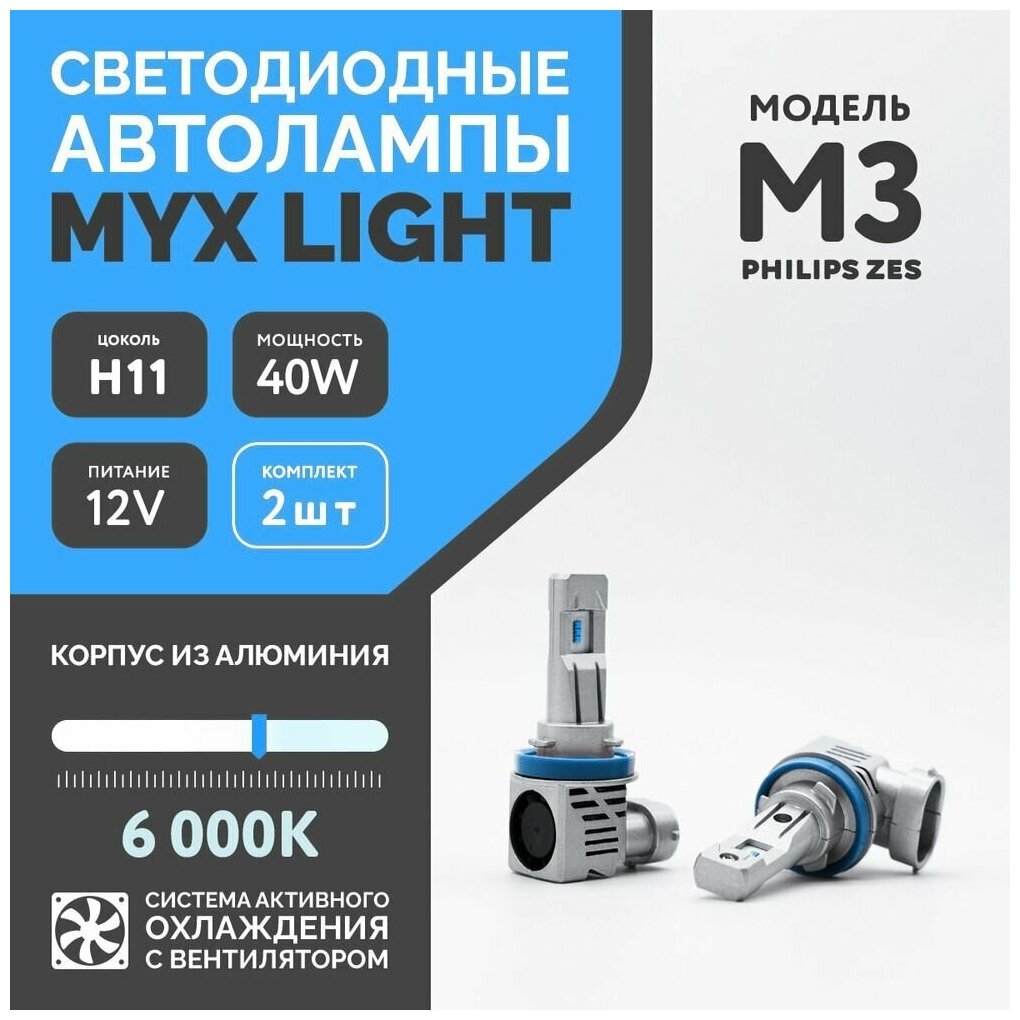 Светодиодные автомобильные лампы цоколь H11 , напряжение 12V, мощность 40W, LED чип ZES, температура света 6000K MYX Light M3/без проводов/компакт с вентилятором