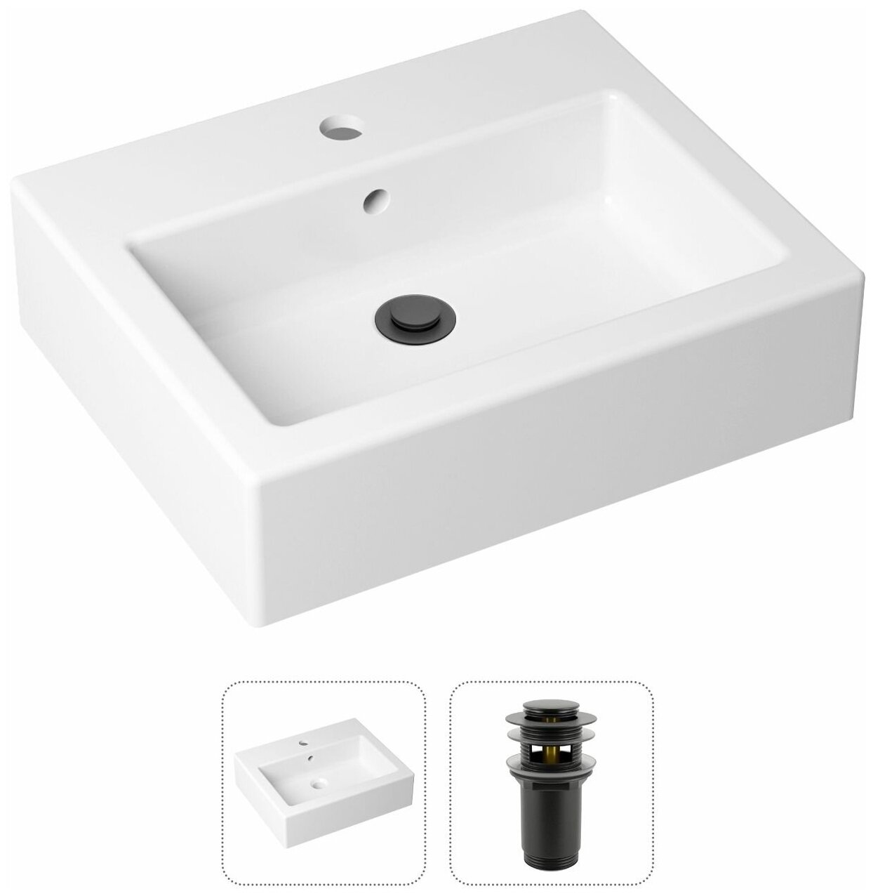 Накладная раковина в ванную Lavinia Boho Bathroom Sink 21520910 в комплекте 2 в 1: умывальник белый, донный клапан в цвете матовый черный