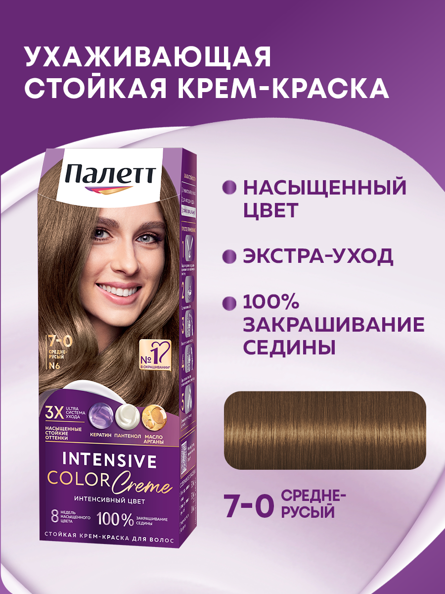 Палетт Стойкая крем-краска для волос Интенсивный цвет 7-0 Средне-русый, 110 мл