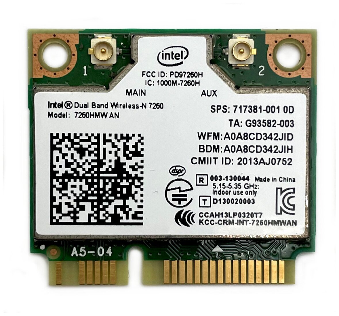 Адаптер WiFi Intel Dual Band Wireless-N 7260 (Mini PCI-E half-size, B/G/N, 300 Mbit/s, 2.4/5 Ghz) 7260HMW AN